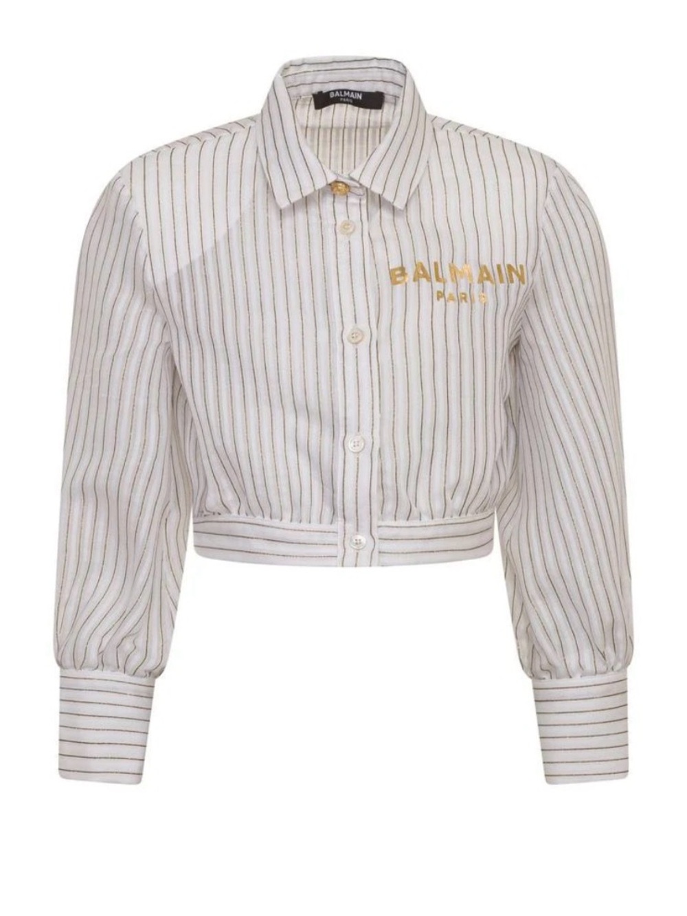 Balmain White Pinstripe Cropped Shirt with Gold Logo